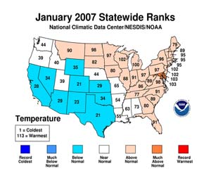 NOAA image of January 2007 statewide temperature rankings in the United States.