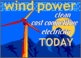 Illustration of a wind turbine in front of mountains with the sun setting behind them. The text reads as follows: Wind Power: clean, cost competitive electricity today.