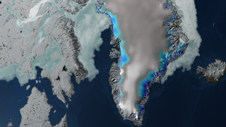 This image shows the elevation change over Greenland between 2003 and 2006.