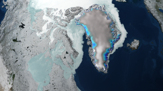 This animation shows the flow of the Jakobshavn glacier in 2000, followed by a time series of the glacier's retreat from 2001 through 2006. When pulling away from Greenland, a colored overlay shows the changes in the ice sheet elevation between 2003 and 2006.