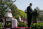 President George Bush delivers remarks Wednesday, April 16, 2008, during the arrival ceremony for Pope Benedict XVI. [Photo: WH/David Bohrer]