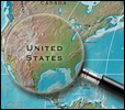 Magnifying glass over map of the United States