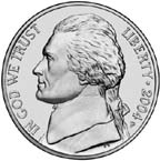 Obverse of new nickels shows familiar Jefferson profile.
