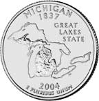 Reverse and Obverse (on mouse-over) of the Michigan Quarter