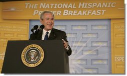 President George W. Bush delivers his remarks Thursday morning, June 8, 2006 at the National Hispanic Prayer Breakfast in Washington. White House photo by Kimberlee Hewitt