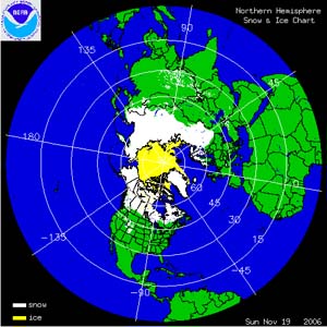 NOAA satellite image of Northern Hemisphere daily snow and ice cover analysis as of Nov. 19, 2006.