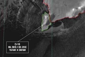 Satellite image of iceberg D-16 taken on March 16, 2006, at 1:32 a.m. EST.
