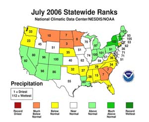 NOAA image of July 2006 statewide precipitation rankings.