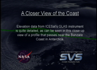 Slate from video tape reads 'A Closer View of the Coast; Elevation data from ICESat's GLAS instrument is quite detailed, as can be seen in this close-up view of a profile that passes near the Banzare Coast in Antarctica.'