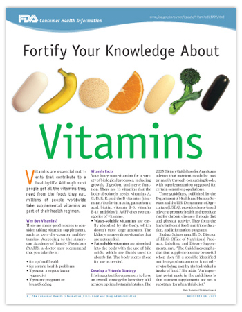 Cover page of PDF version of this article, including photos of vitamins, a banana, orange slice, and broccoli.