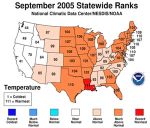 NOAA image of September 2005 temperature rankings by state.