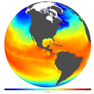 NOAA satellite image of global sea surface temperature anomalies for Jan. 22, 2007.