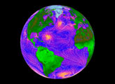 The direction and intensity of surface winds across the Atlantic Ocean are shown in this Quickscat image. Orange areas show where winds are blowing the hardest, while violet is an intermediate value, and blue shows relatively light winds. 