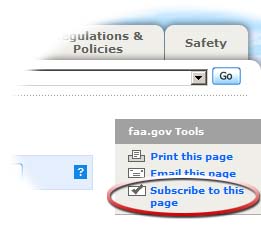 Visual example of the subscribe link on FAA pages