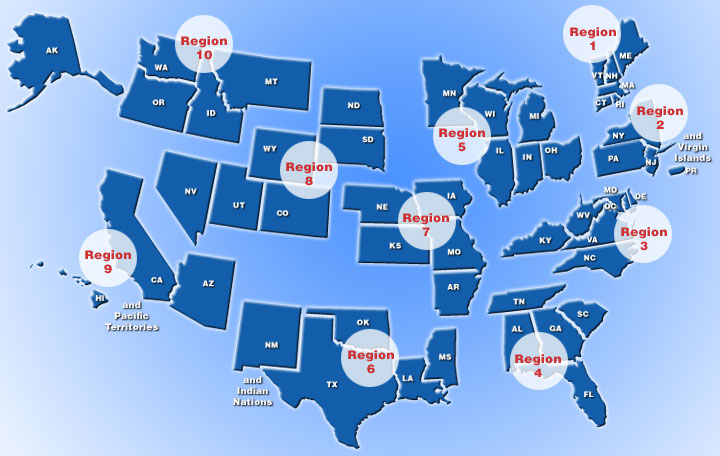 NHTSA Regional Map - Regions 1 to 10