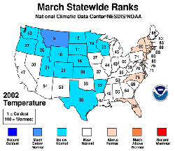 NOAA's March 2002 statewide temperature ranks.