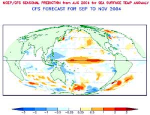 NOAA image of new Climate Forecast System forecast of the developing El Niño in the Eastern Pacific Ocean.