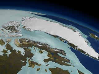 This image showing the sea ice over the Arctic on 2/9/2003 was derived from AMSR-E Sea Ice Brightness Temperature and AMSR-E Sea Ice Concentration.