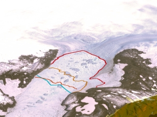 This image shows the retreat of the calving front of the Jakobshavn glacier in Greenland.  The blue line indicates the calving front in 1942, followed by the subsequent recession in 2001 (orange), 2002 (yellow) and 2003 (red).