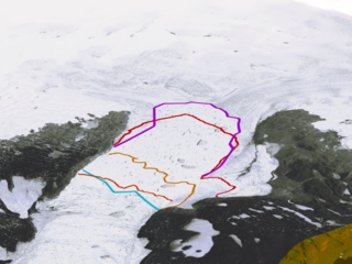 This image shows the retreat of the calving front of the Jakobshavn glacier in Greenland. The blue line indicates the calving front in 1942, followed by the subsequent recession in 2001 (orange), 2002 (yellow), 2003 (red), and 2004 (purple).