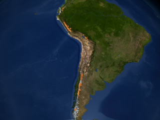 This image shows glaciers from the NSIDC World Glacier Inventory (in orange) that occur in mountainous regions, even in the tropical regions of South America. 