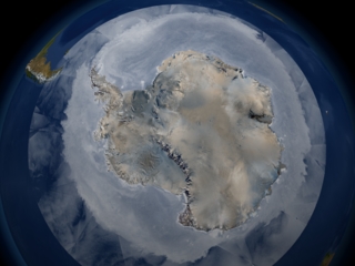 This image shows the sea ice around Antarctica on 9/27/2004 as measured by QuikSCAT. 