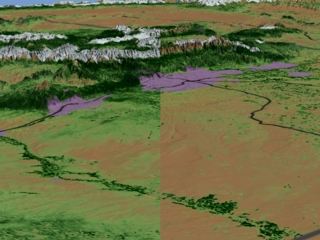This image shows a comparison of MODIS Landcover over Colorado in mid-May between 2003 (left) and 2002 (right).  The winter of 2002-2003 had an average amount of snowfall in the region, while  the snowfall in the winter of 2001-2002 was below-average. Purple regions, derived from SEDAC's GPW, indicate populated areas.