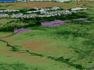 This image shows MODIS Landcover over Colorado on 5/19/2003, following a winter with an average amount of mountain snow.  Purple regions, derived from SEDAC's GPW, indicate populated areas.