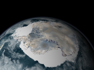This image derived from AVHRR data shows the frozen continent of Antarctica and its surrounding sea ice.