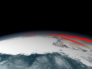 This image shows two tracks (in red) of ICESat elevation data over Antarctica taken on 9/30/2004 and 10/1/2004.  NOTE: Elevation data is exaggerated 20 times.