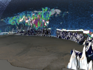 This image shows cloud data taken by ICESat over Antarctica on 9/30/2004 to 10/1/2004.  Both the cloud heights and terrain are exaggerated by 20x.