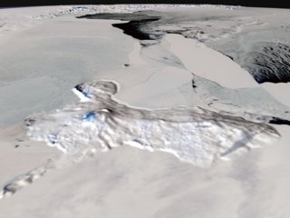 This image from MODIS shows the b15a iceberg and its proximity to Ross Island on 11/9/2004.  No terrain exaggeration.