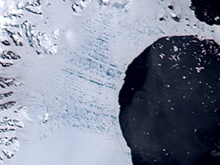 This image, taken by MODIS on 1/31/02, shows meltwater starting to form on the Larsen Iceshelf prior to its collapse.