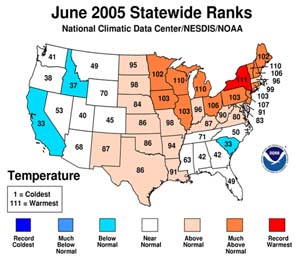 NOAA image of June 2005 state temperature rankings.