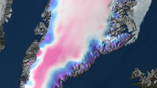 This image of Greenland shows the changes in elevation over the Greenland ice sheet between 2003 and 2006, The pink and red regions indicate a slight thickening, while the blue and purple shades indicate a thinning of the ice sheet.