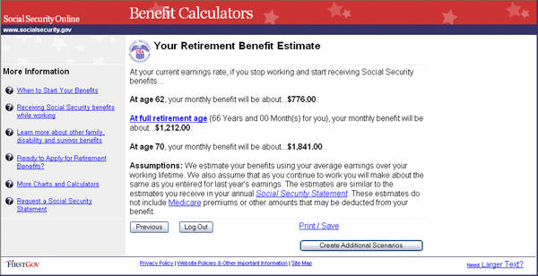 Screen shot of Your retirement benefit estimate web page