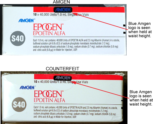 Amgen logo comparison - genuine vs counterfeit