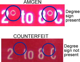Closeup of storage temperature sign on Epogen vial