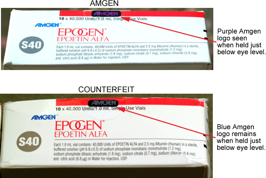 Amgen logo comparison - genuine vs counterfeit