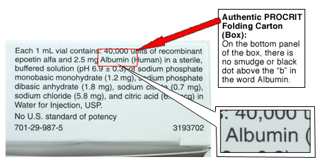 Authentic Procrit folding carton photo, showing no smudge above the word Albumin