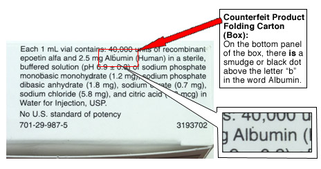 Counterfeit Procrit folding carton photo, showing smudge above the word Albumin