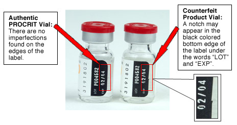 Comparison of Procrit vials; authentic vial has no imperfections, counterfeit has notch in black colored bottom edge under the words LOT and EXP
