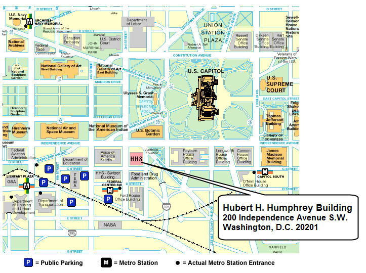 Street map of Washington, D.C. in the vicinity of the Hubert H. Humphrey Building, the headquarters for the Department of Health and Human Services. The map contains various government buildings and museums, Metro stations, and public parking facilities.