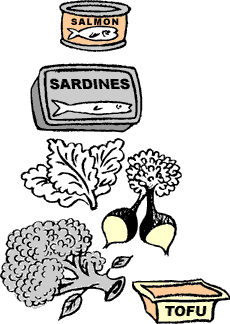 Illustration of vegetables, canned fish, and tofu.