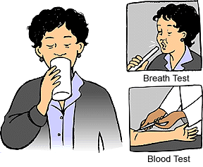 Illustration of a women taking a breath test and having blood drawn.