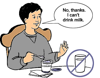 Illustration of boy saying, "No, thanks. I can't drink milk."