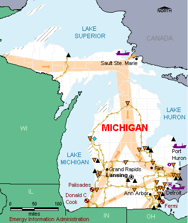 Michigan Energy Map - If you are unable to view this image contact the National Energy Information Center at 202-586-8800 for assistance