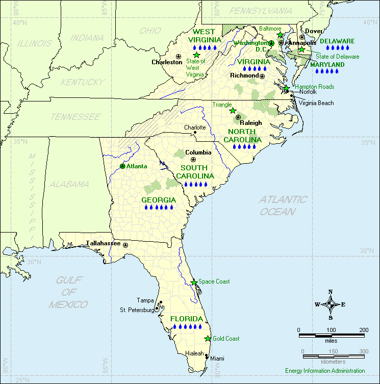This map of the South Atlantic Division shows the potential for solar, geothermal, and wind energy, as well as indicators of hydroelectric, biomass, and wood energy potential.
If you have trouble reading this map, please call 1-202-586-8800.