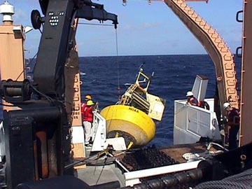 Deploying a weather buoy from the fantail of the Gordon Gunter.