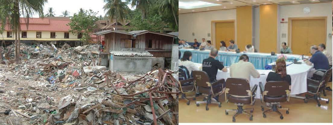 Photograph of Disaster Victim identification Team members, including an F B I Laboratory Latent Print Examiner, work to identify victims of the Thailand tsunami